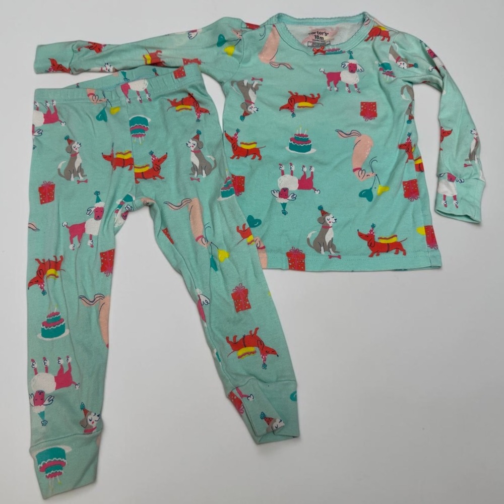 Carters 18M Girls Pajama Set Mint Green Dog Birthday Party Snug Fit Cotton 2PC